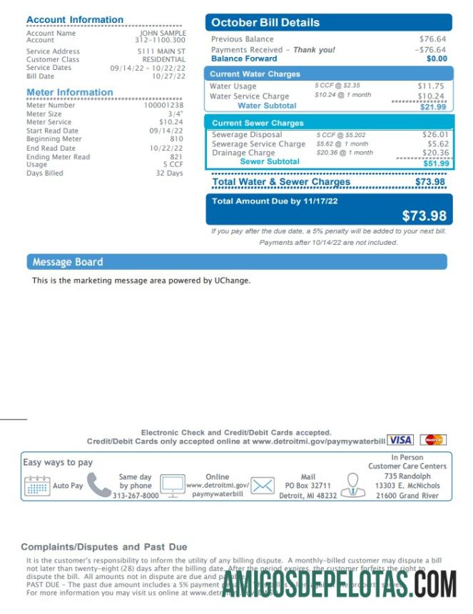realista Conta de serviços públicos do Departamento de Água e Esgoto dos EUA Michigan, modelo Word e PDF, 2 páginas 2